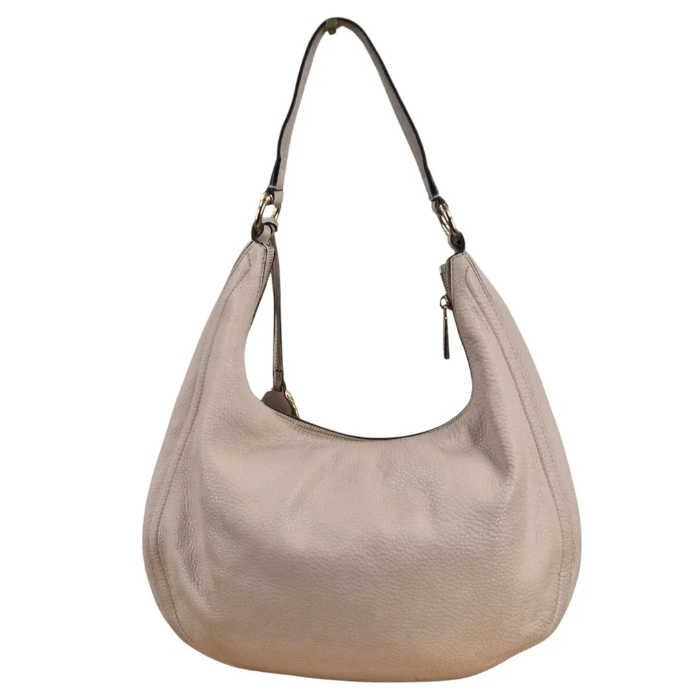 Michael Kors Bedford Large Pebbled Leather Hobo Bag Taupe Gold Hardware Tassel - Picture 2 of 9